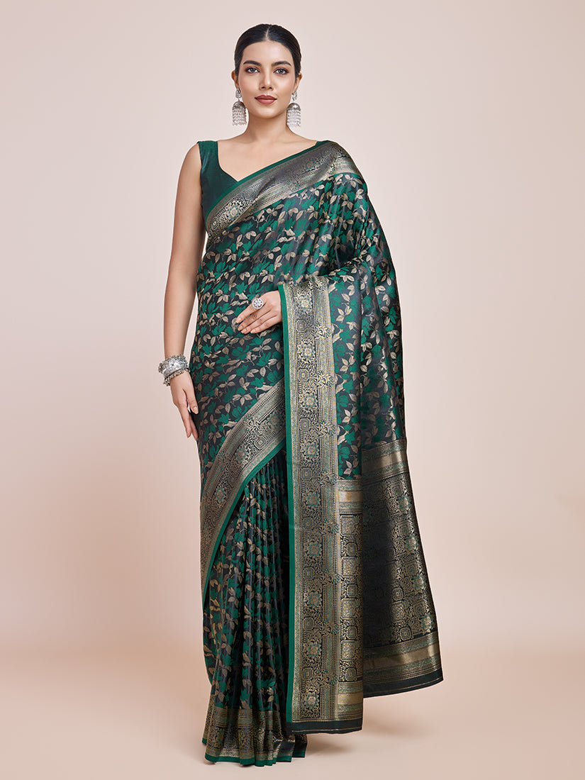 Dark green Banarasi satin silk saree with traditional zari weaving