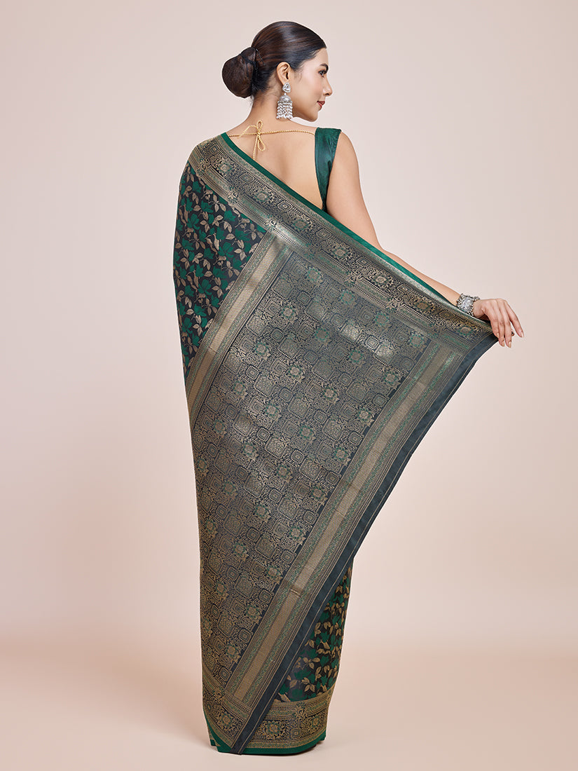 Dark Green Banarasi Satin Silk Saree with Zari Weaving