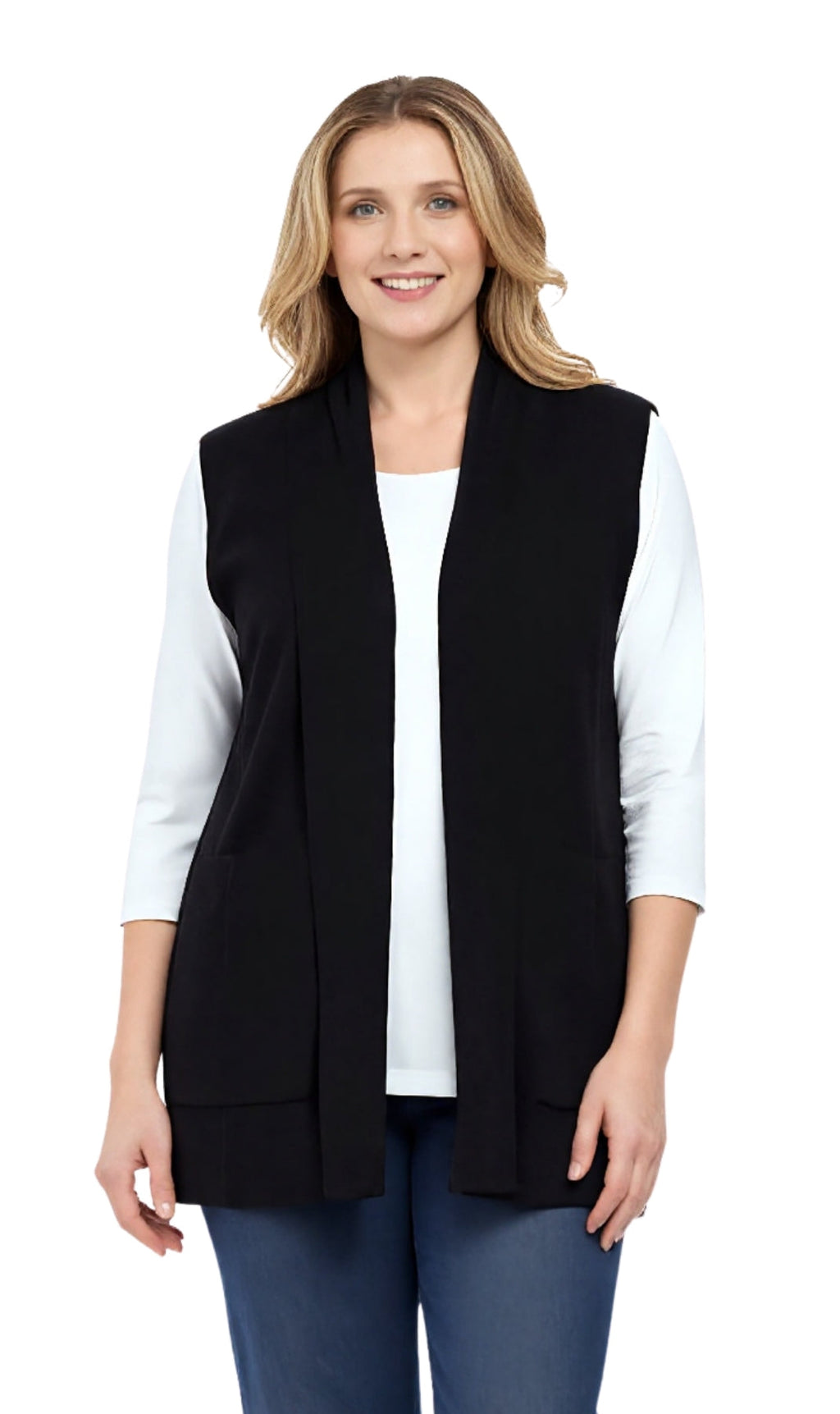 Women's black sleeveless open front shawl collar vest in a soft knit fabric.