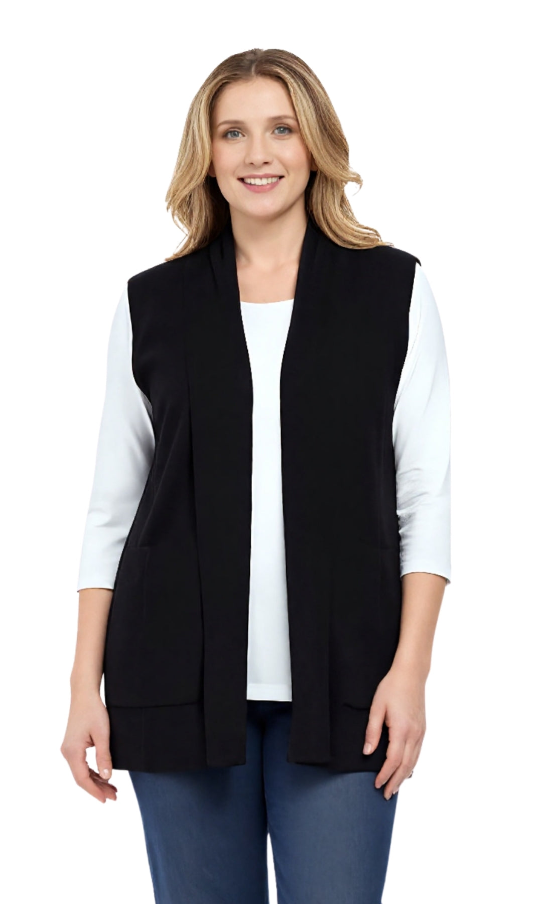 Women's black sleeveless open front shawl collar vest in a soft knit fabric.