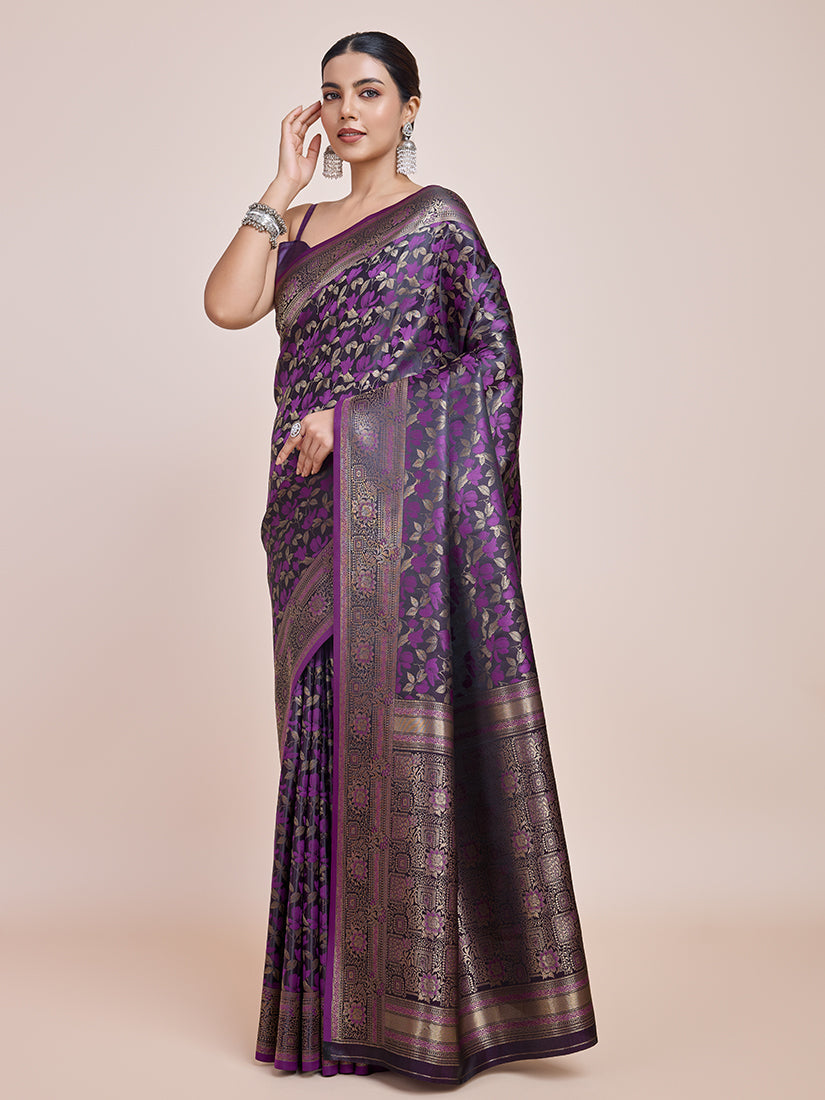 Dark Purple Banarasi Satin Silk Designer Saree with Zari Weave