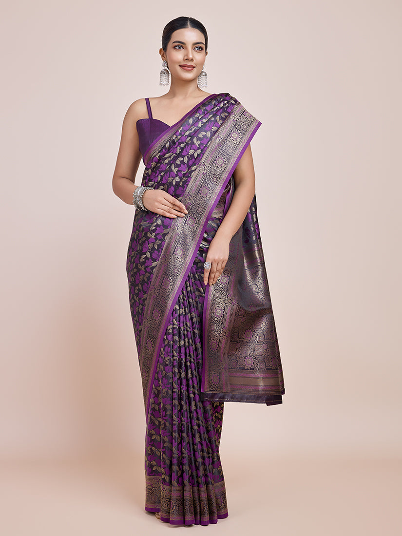 Dark Purple Banarasi Satin Silk Designer Saree with Zari Weave