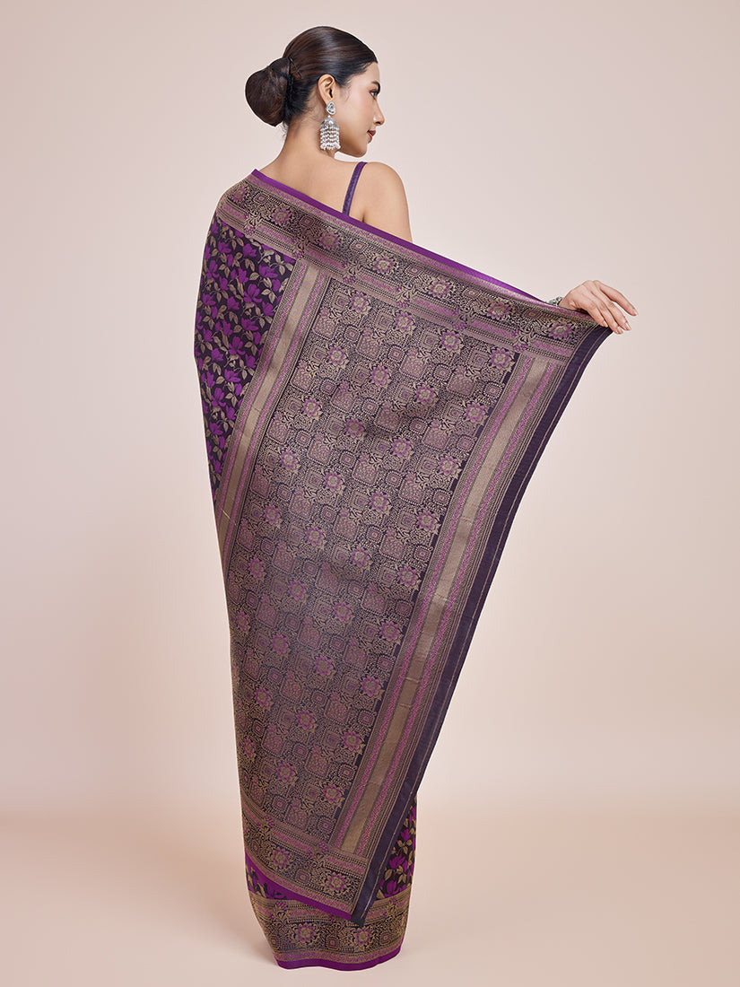 Dark Purple Banarasi Satin Silk Designer Saree with Zari Weave