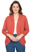 Women's open front knit cardigan with a curved hem in rust, navy, or beige