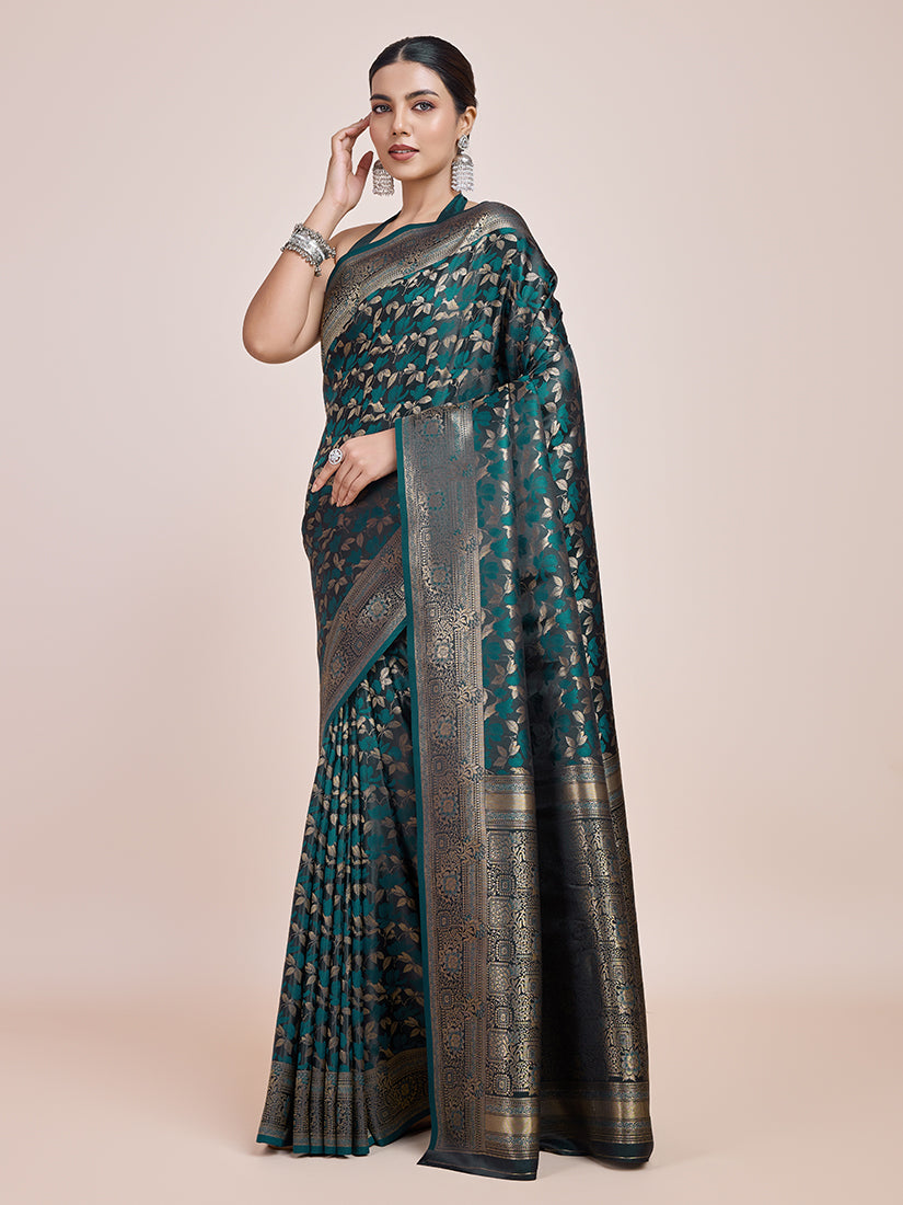 Dark Teal Banarasi Satin Silk Zari Woven Designer Saree