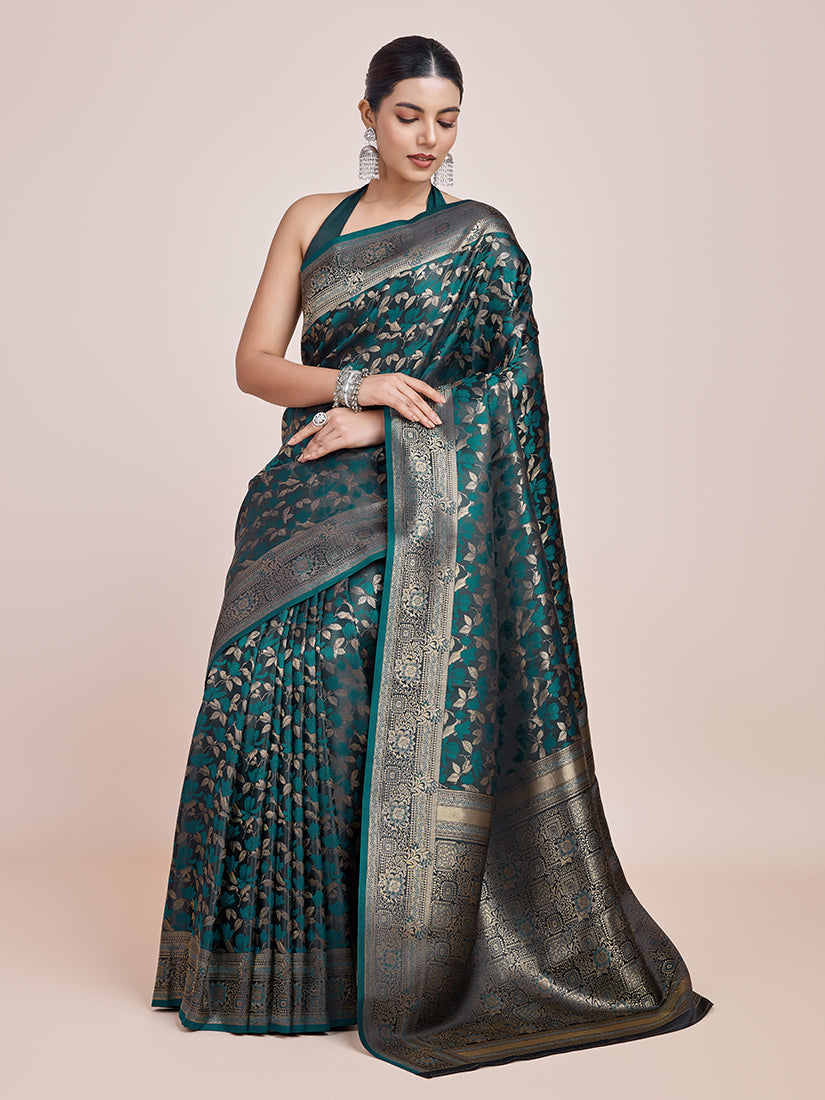 Dark Teal Banarasi Satin Silk Zari Woven Designer Saree