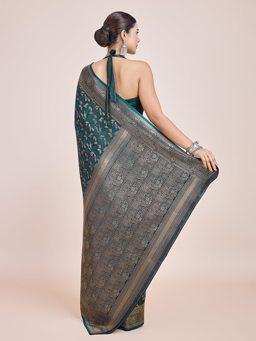 Dark Teal Banarasi Satin Silk Zari Woven Designer Saree