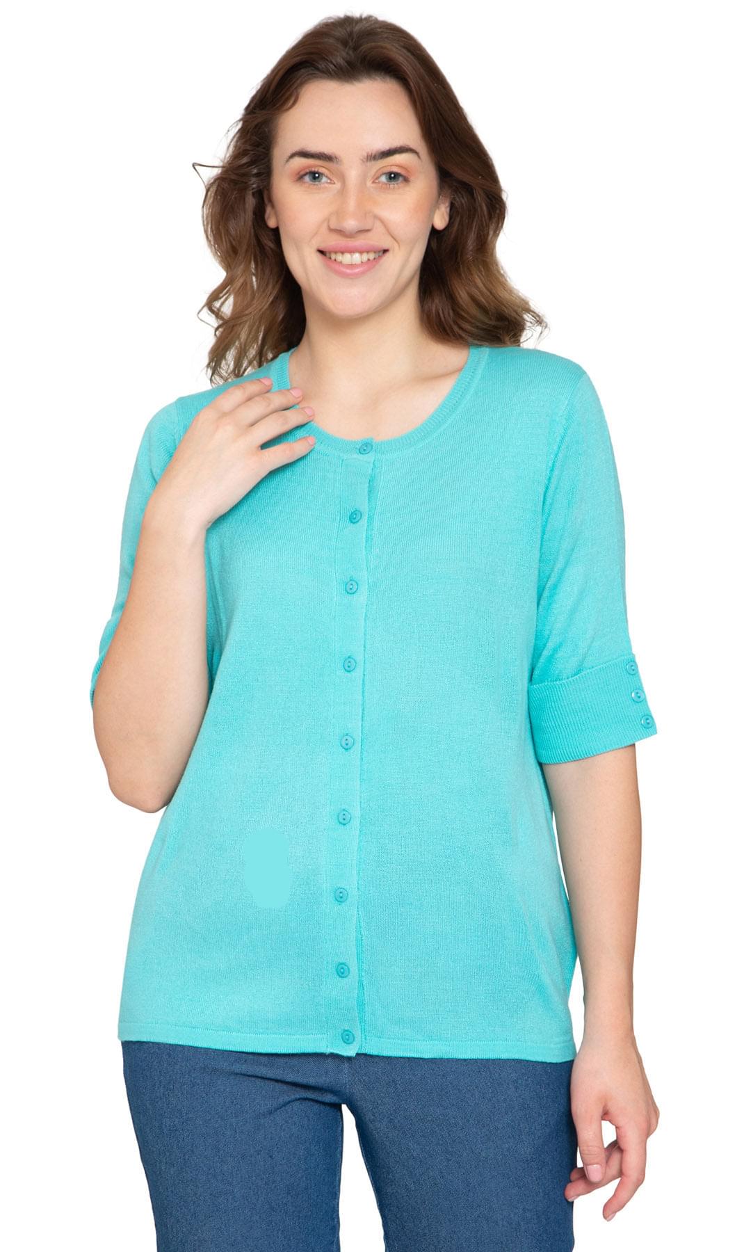Women's button-front cardigan in a soft knit, featuring decorative elbow cuff details.