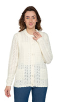 Women's button front crochet pointelle cardigan with side pockets in a lightweight open-work knit