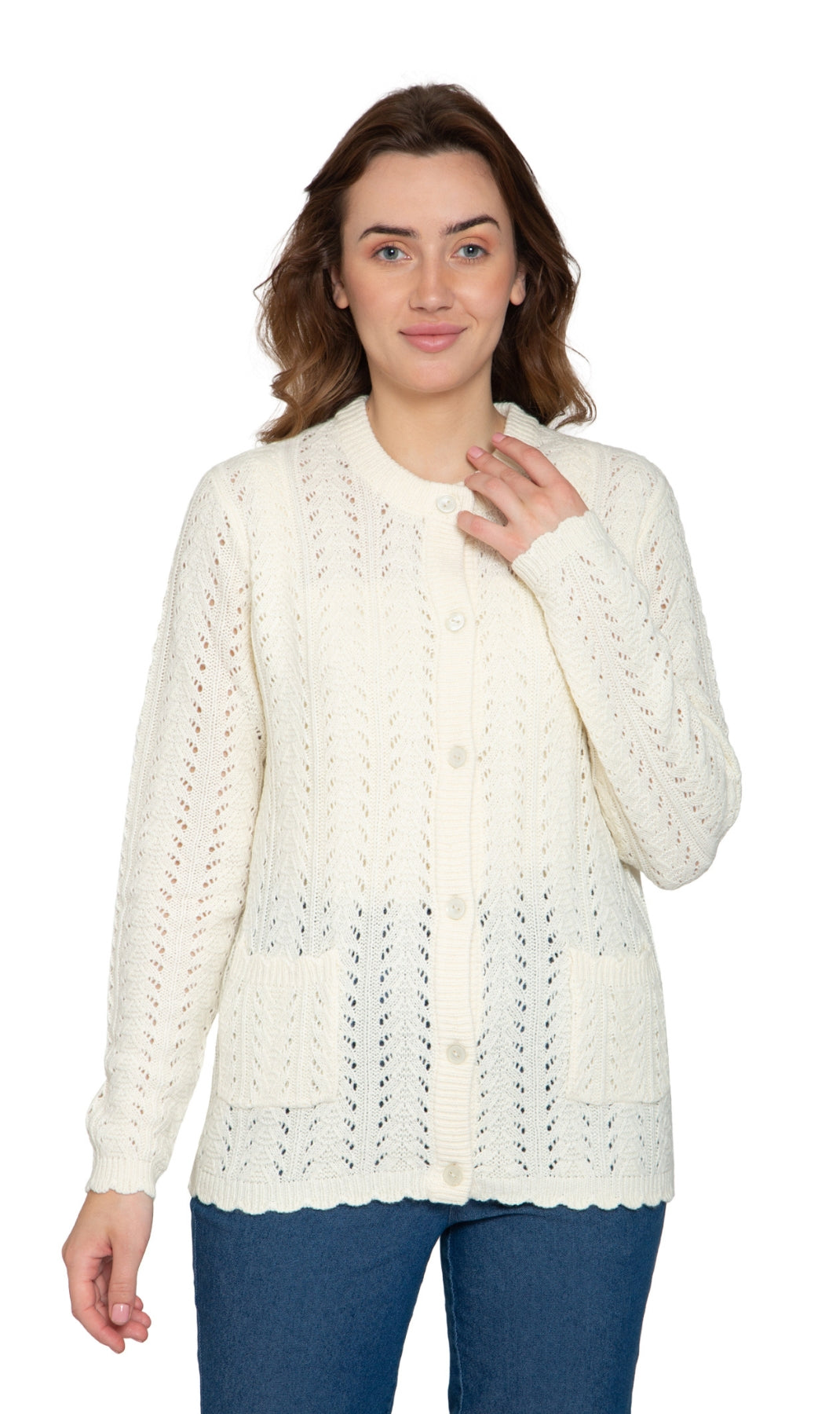 Women's button front crochet pointelle cardigan with side pockets in a lightweight open-work knit