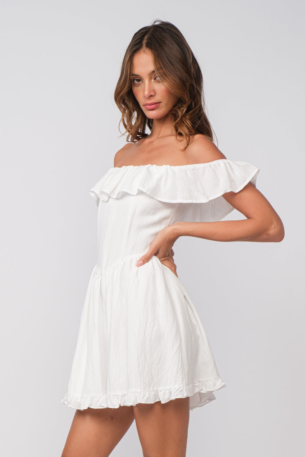 White Ruffle Off Shoulder Drop Waist Mini Dress - Image 2