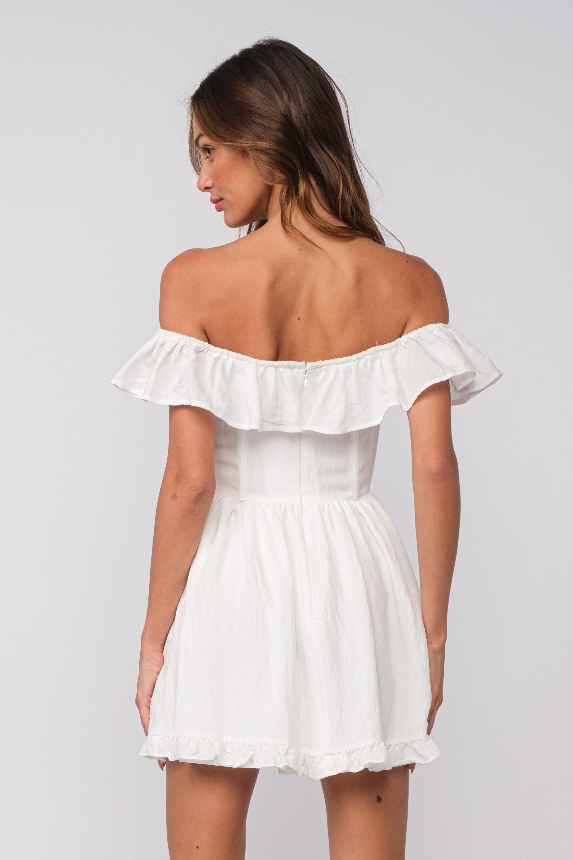 White Ruffle Off Shoulder Drop Waist Mini Dress - Image 3