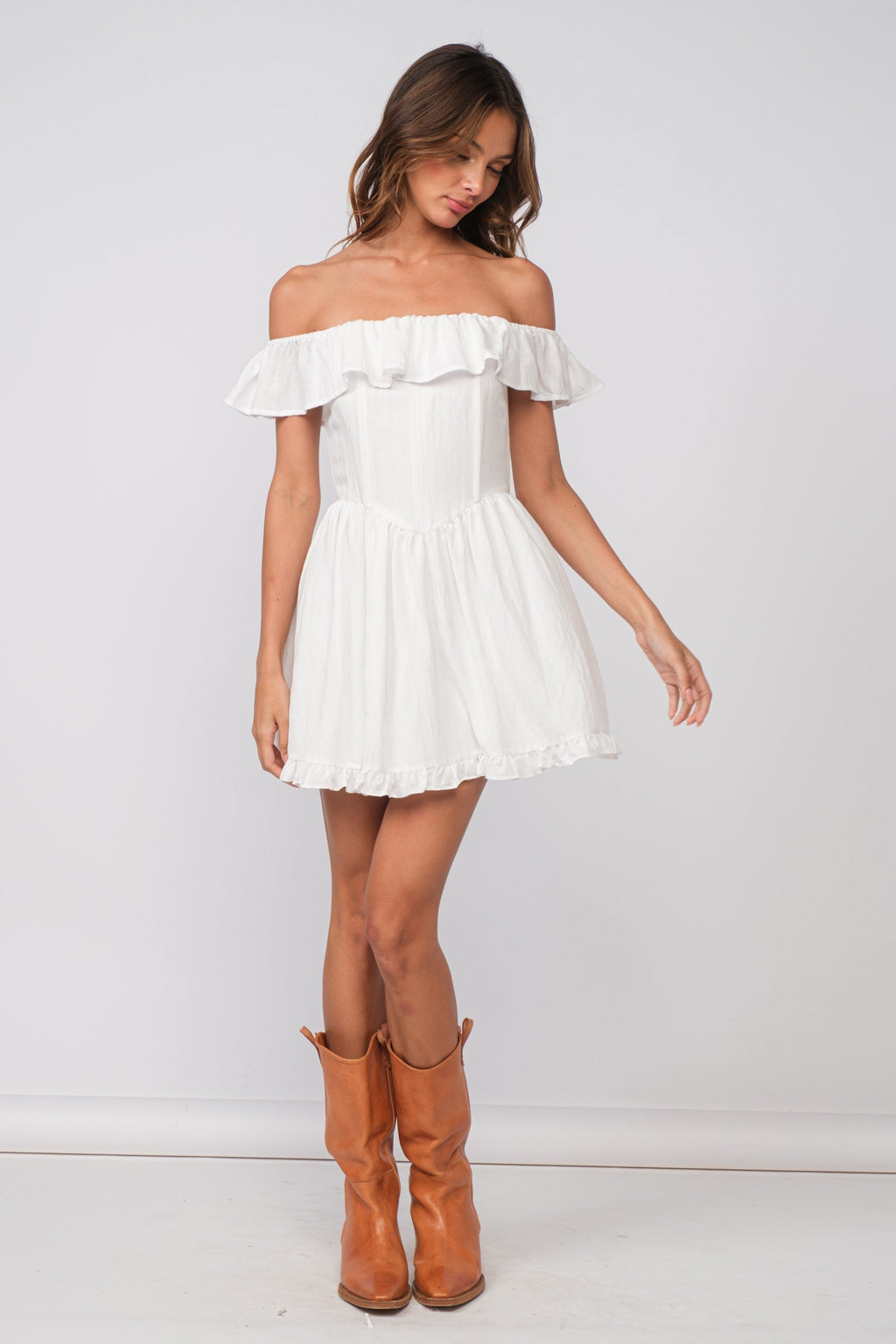 White Ruffle Off Shoulder Drop Waist Mini Dress - Image 4