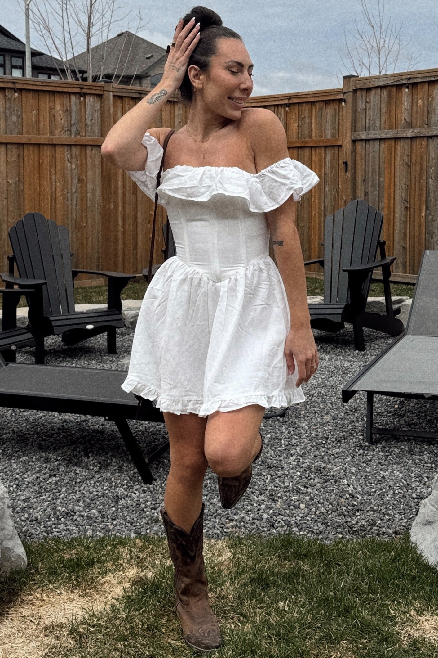 White Ruffle Off Shoulder Drop Waist Mini Dress - Image 5