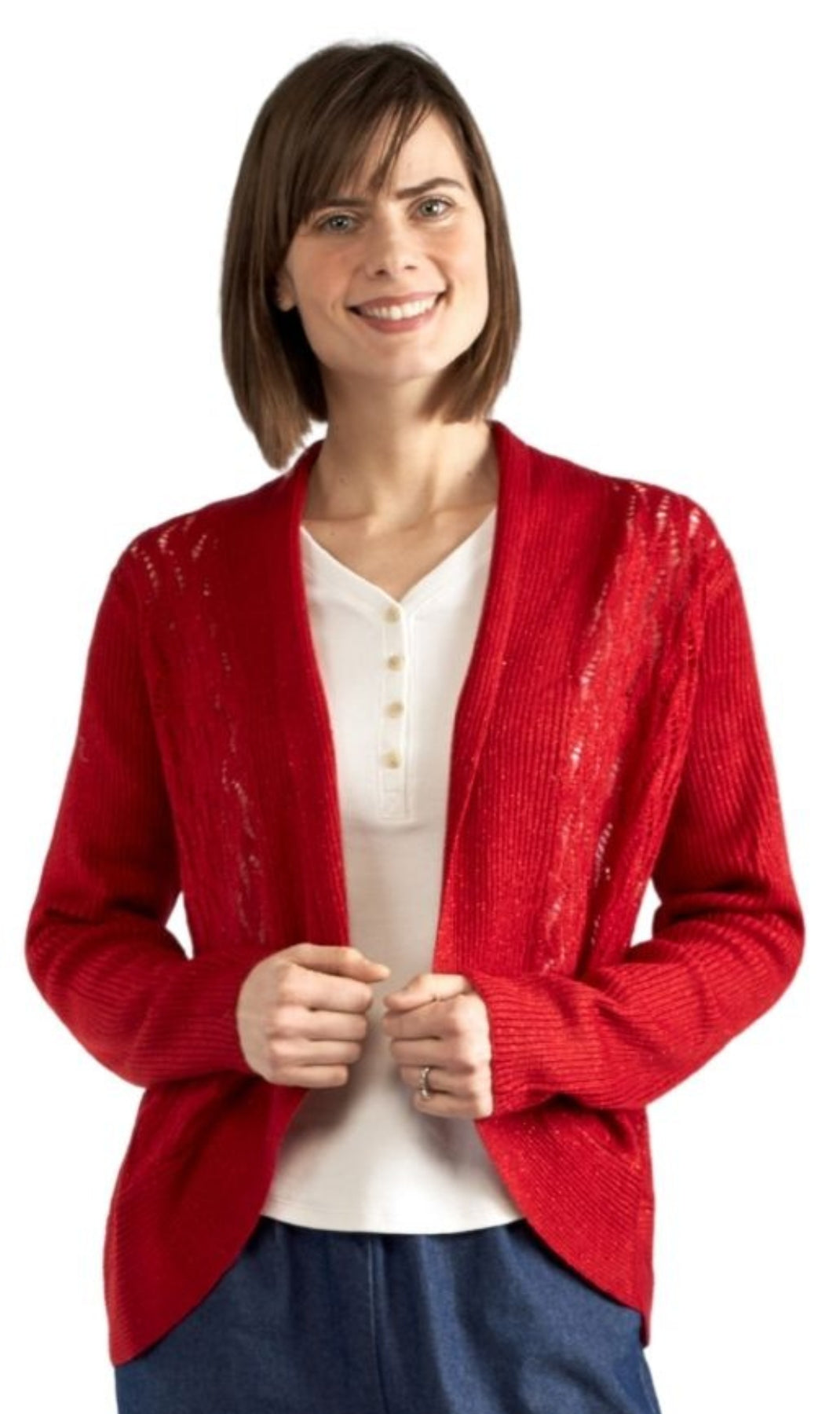 Women's Open Front Metallic Glitter Shrug in Blue or Red