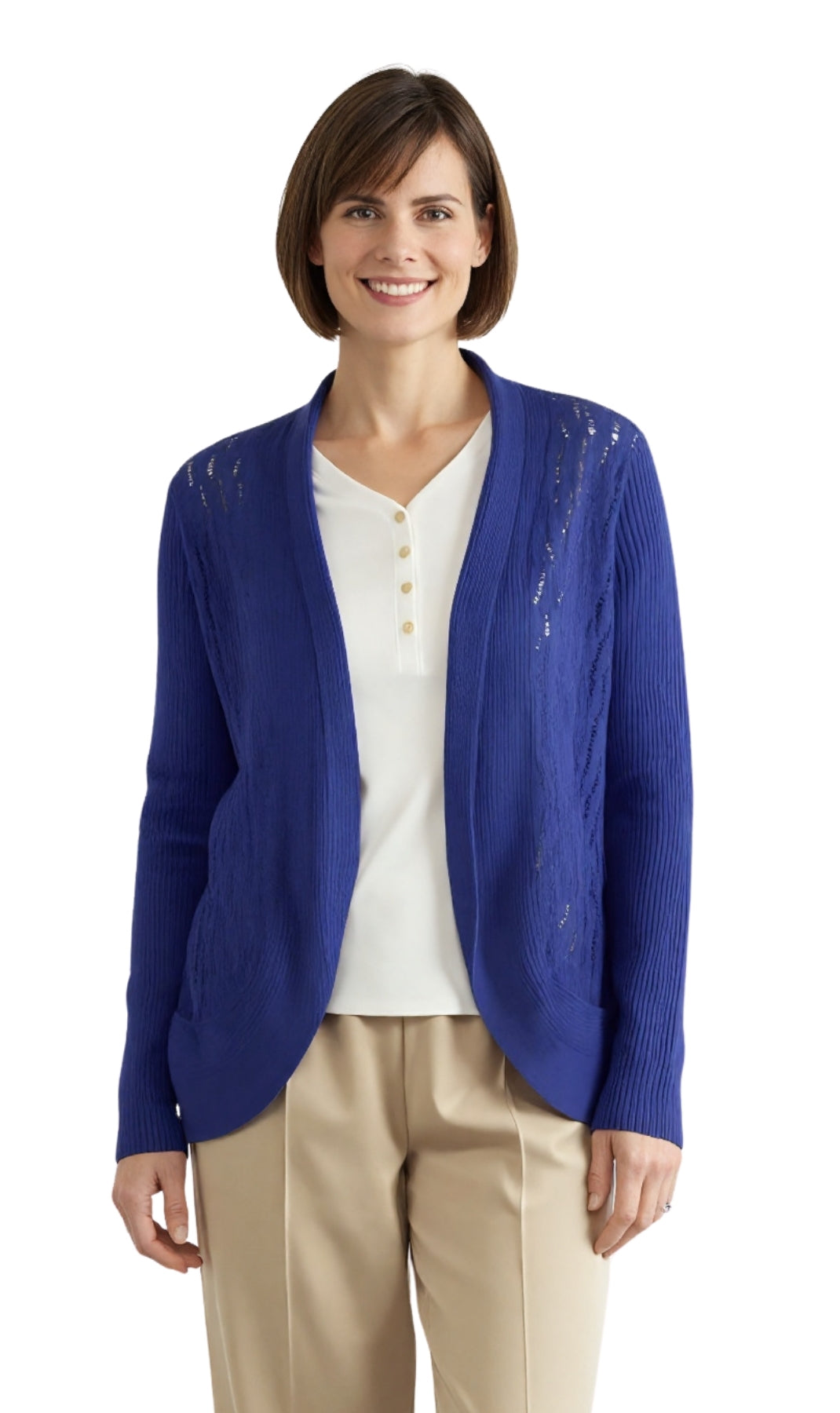 Women's lightweight metallic glitter knit shrug in a shimmering finish, worn as an open-front layer.