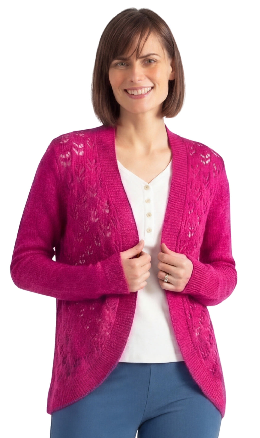 Feminine women's pointelle knit shrug with open front design in magenta, off-white, and teal.