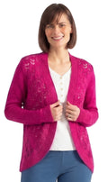 Feminine women's pointelle knit shrug with open front design in magenta, off-white, and teal.