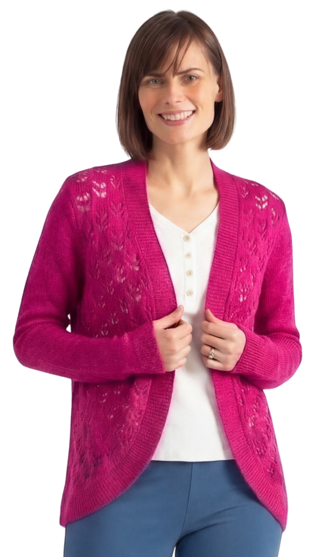 Feminine women's pointelle knit shrug with open front design in magenta, off-white, and teal.