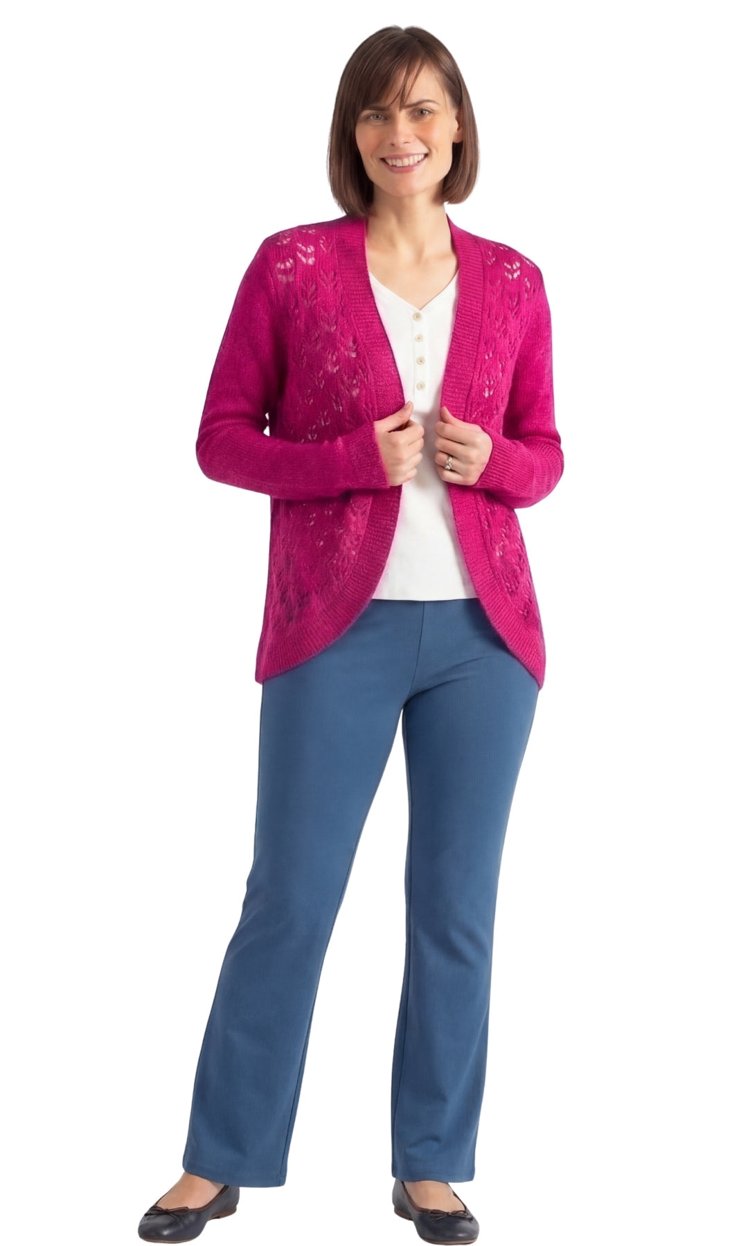 Women's Open Front Pointelle Shrug Curved Hem Knit Cardigan