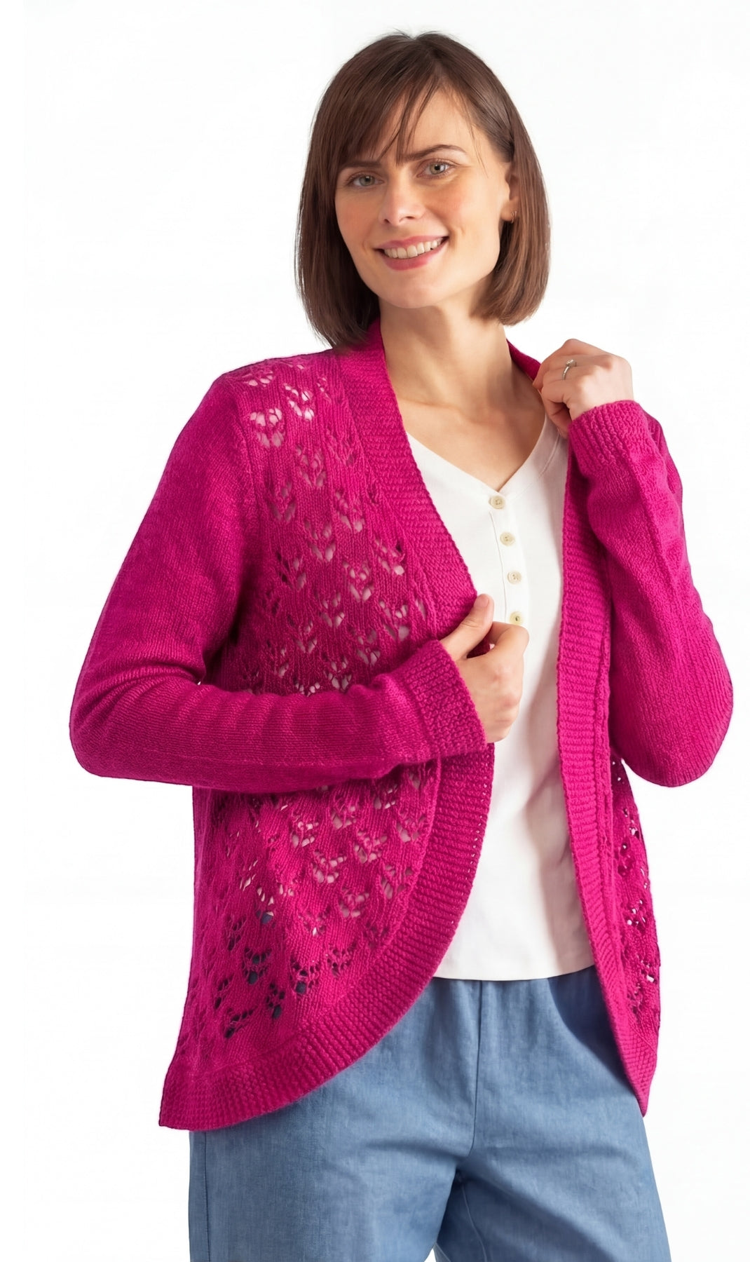 Women's Open Front Pointelle Shrug Curved Hem Knit Cardigan