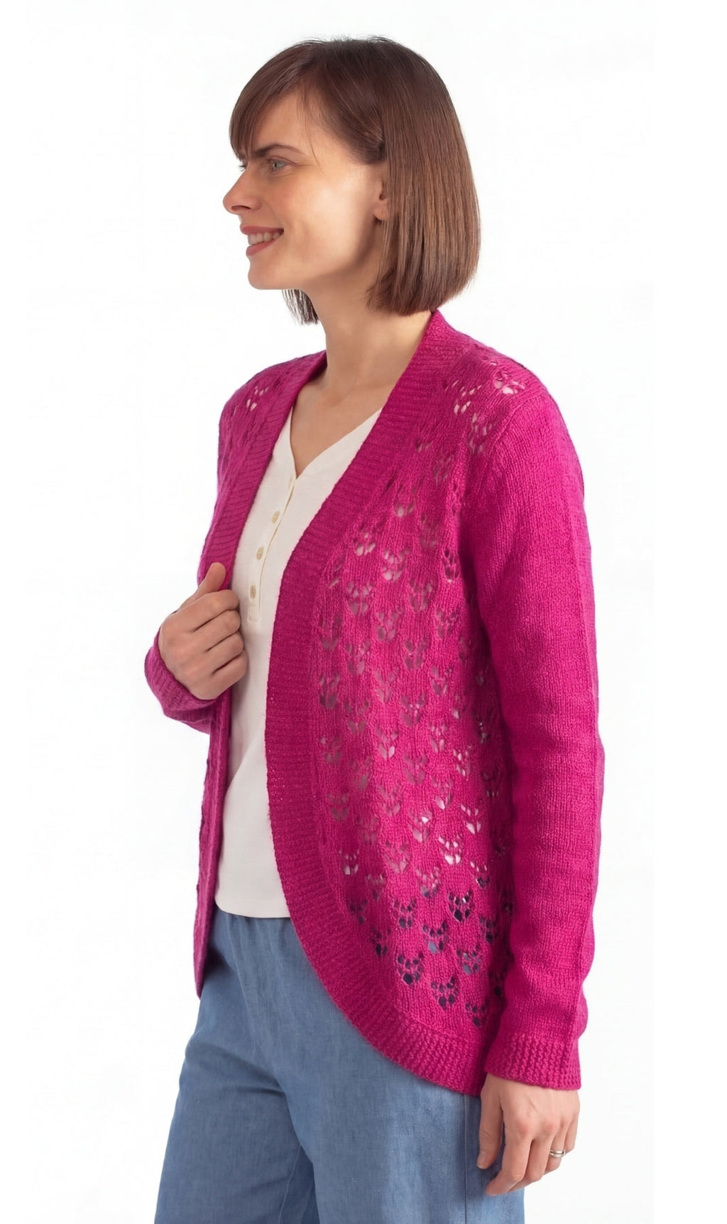 Women's Open Front Pointelle Shrug Curved Hem Knit Cardigan