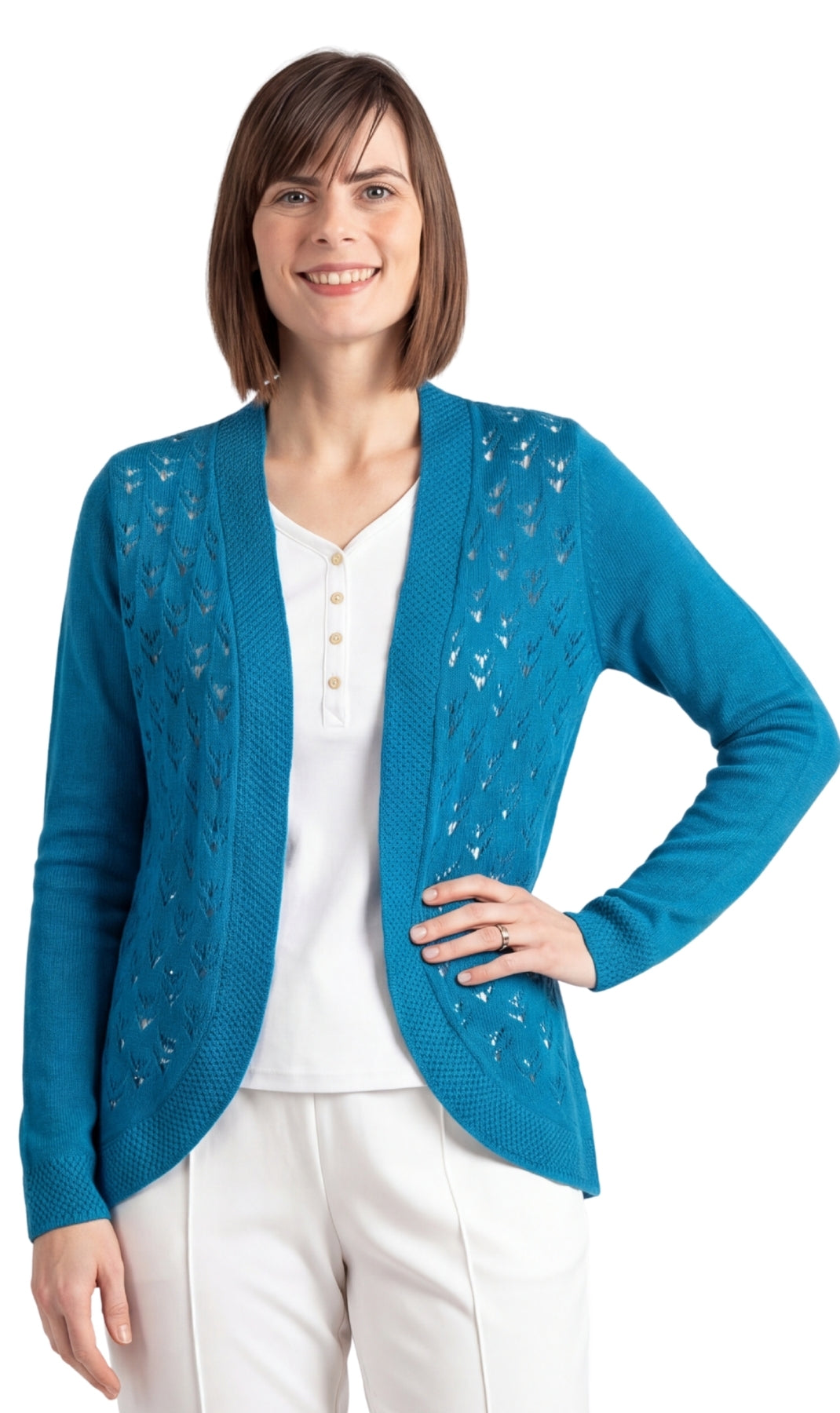 Women's Open Front Pointelle Shrug Curved Hem Knit Cardigan