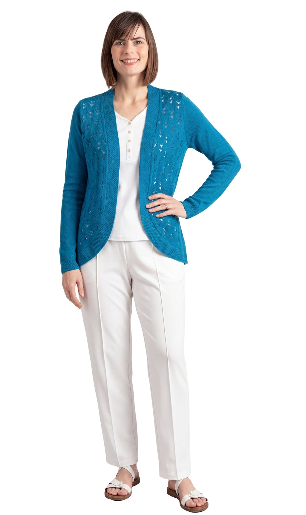 Women's Open Front Pointelle Shrug Curved Hem Knit Cardigan