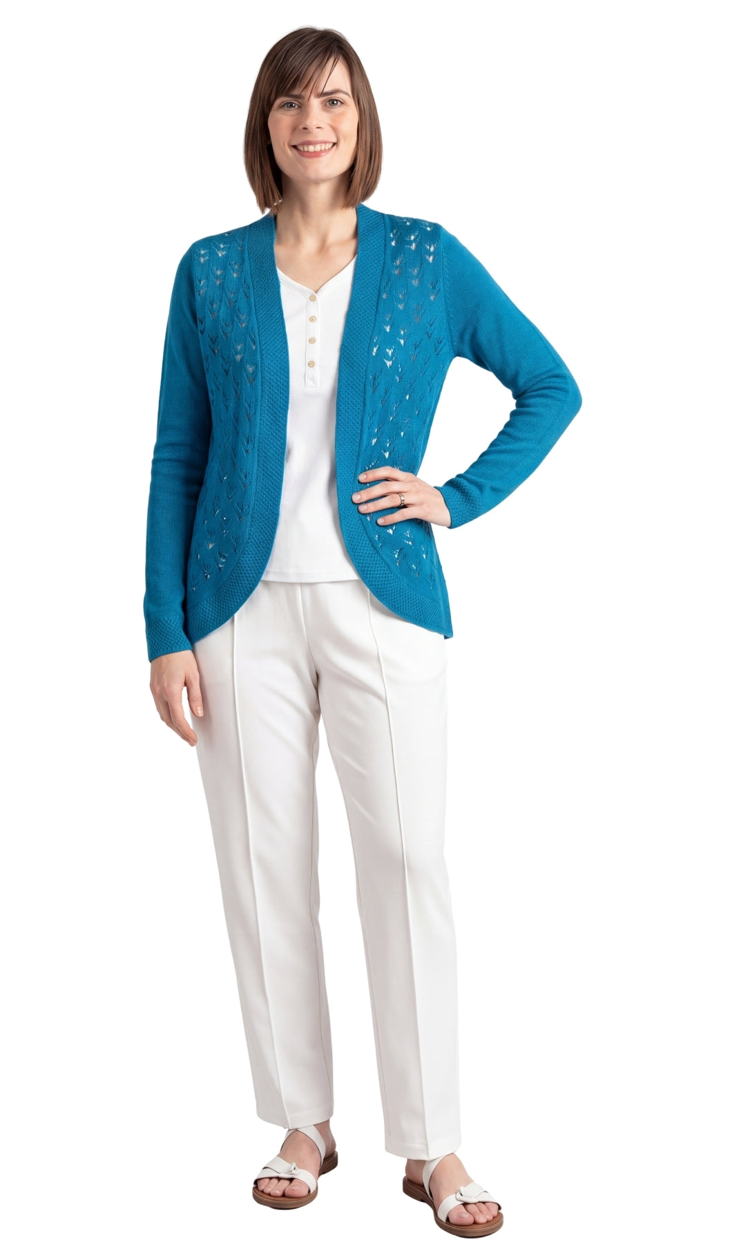 Women's Open Front Pointelle Shrug Curved Hem Knit Cardigan