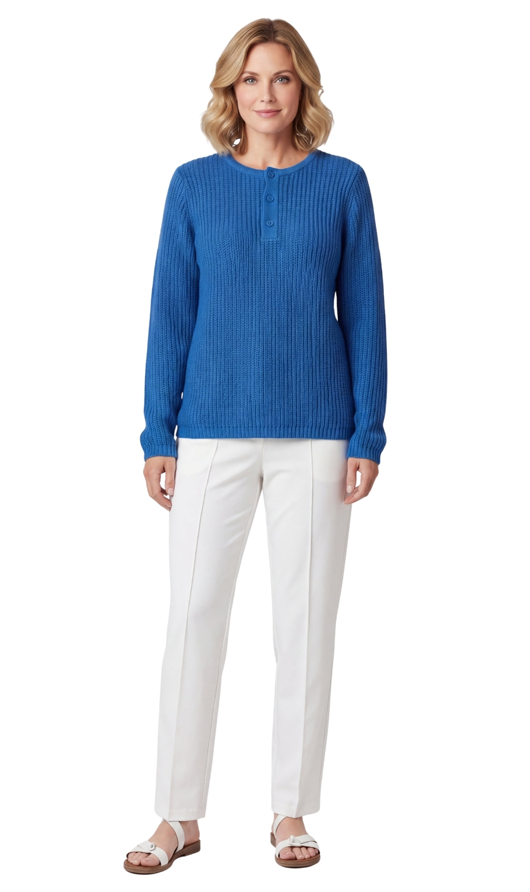 Women's Henley Shaker Knit Sweater Long Sleeve 3-Button