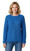 Women's long sleeve henley sweater in a shaker knit texture, available in blue and beige.