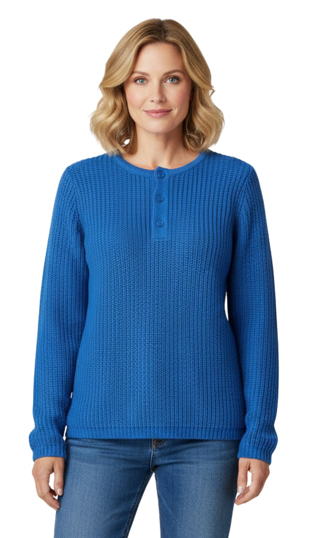 Women's long sleeve henley sweater in a shaker knit texture, available in blue and beige.