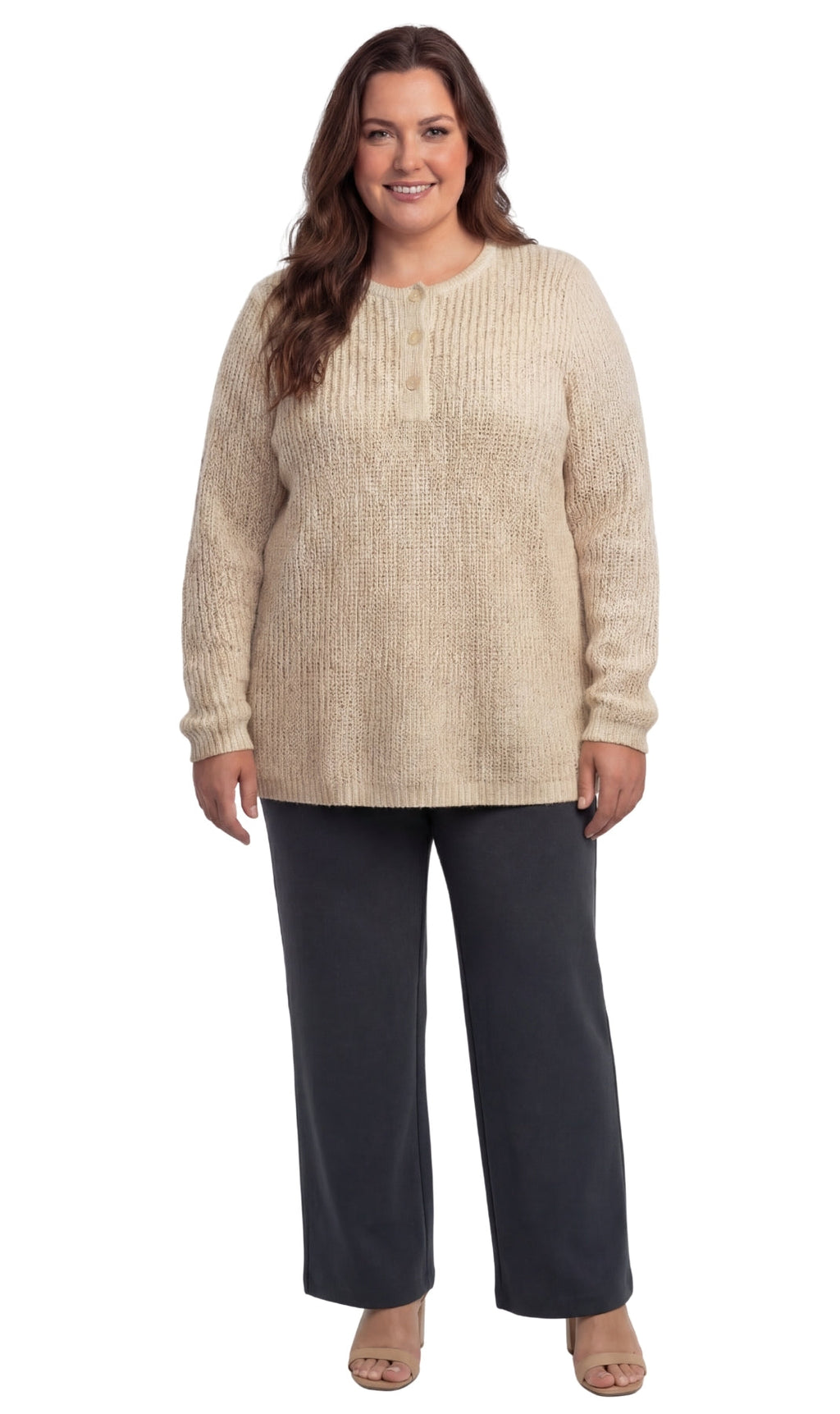 Women's Henley Shaker Knit Sweater Long Sleeve 3-Button