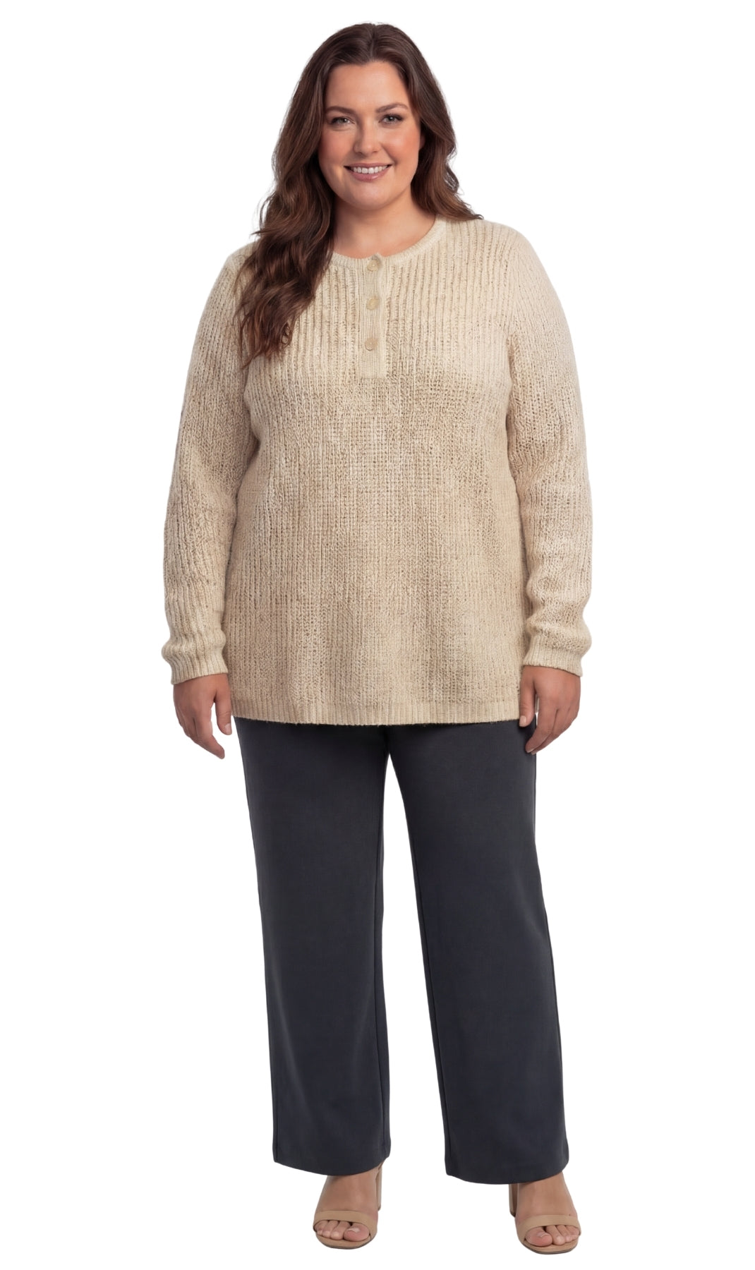 Women's Henley Shaker Knit Sweater Long Sleeve 3-Button