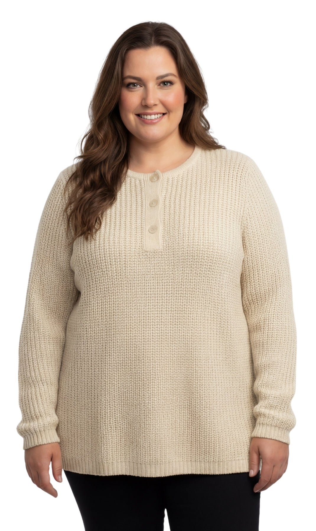 Women's Henley Shaker Knit Sweater Long Sleeve 3-Button