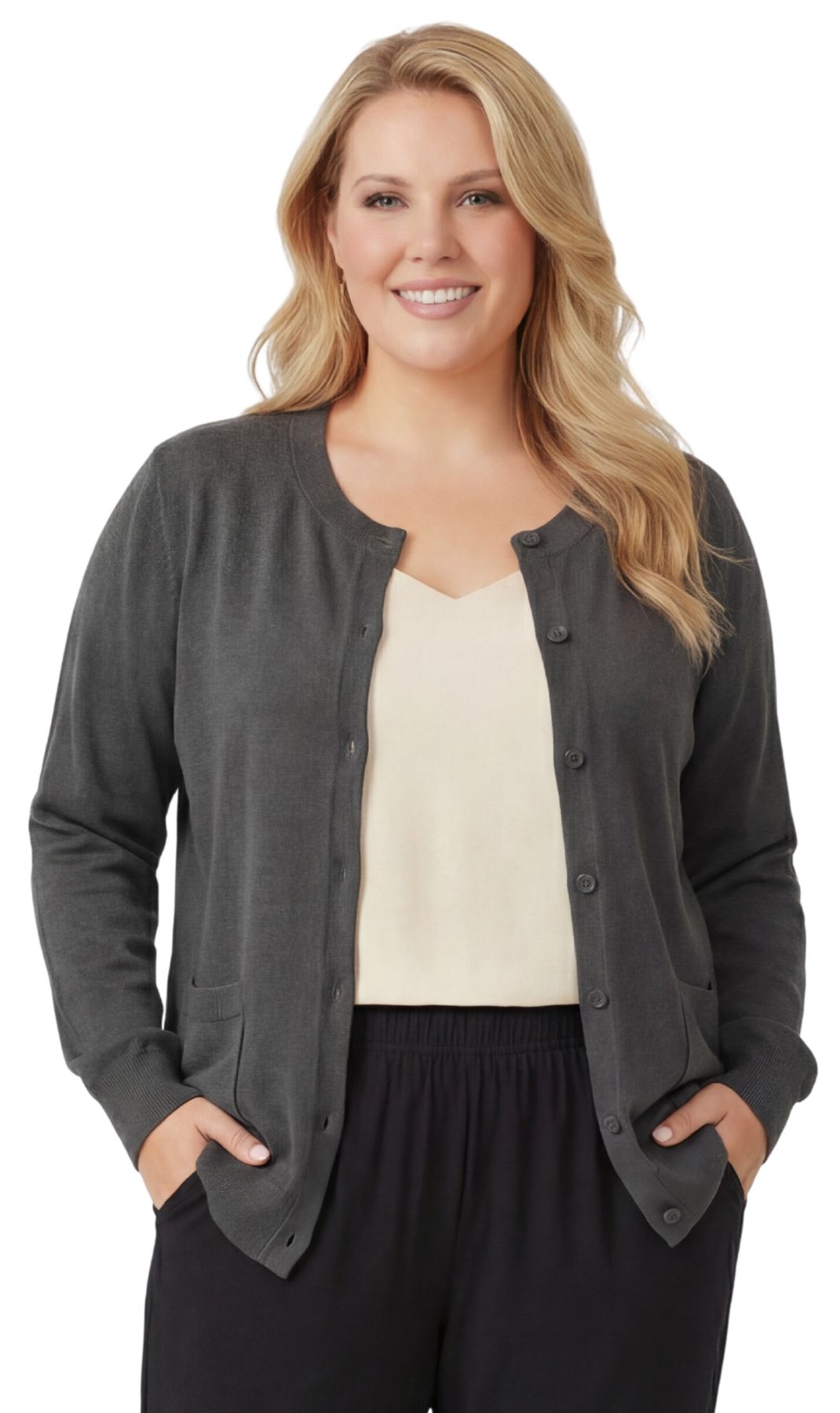 Women's crewneck button-front cardigan in cotton-blend knit with side pockets