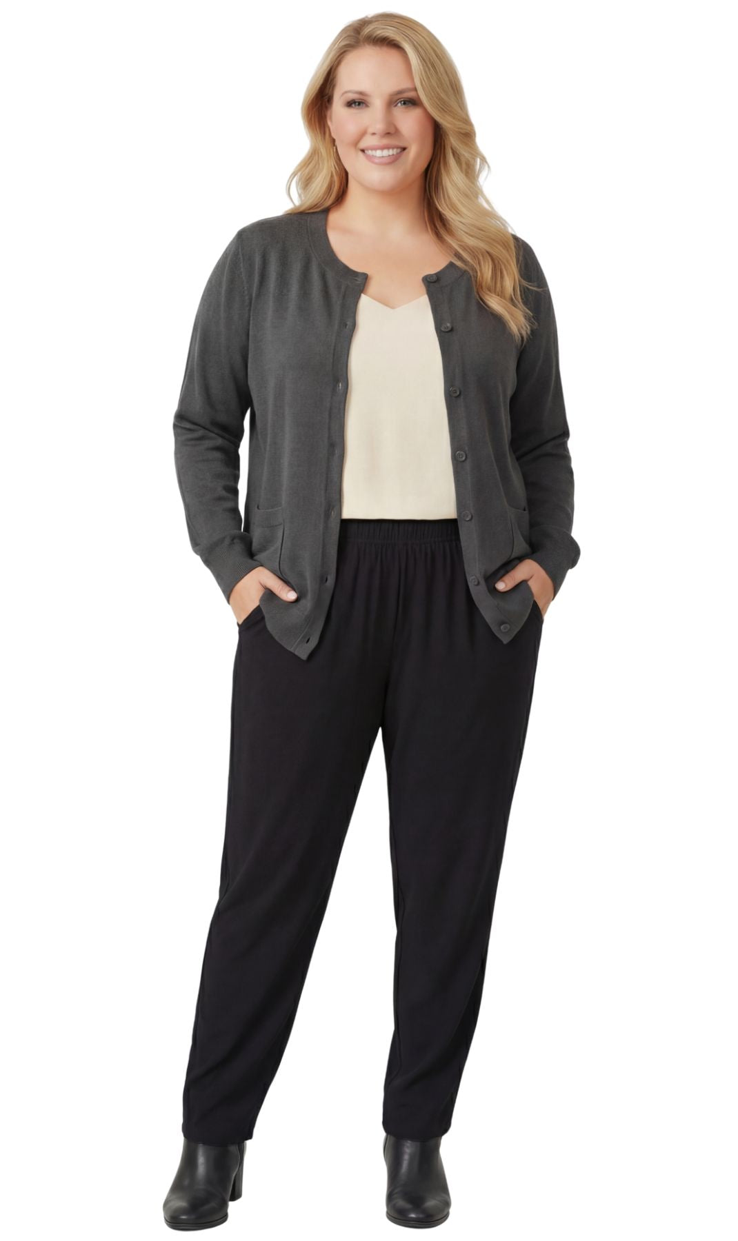 Women's Cotton Blend Button Front Crewneck Cardigan with Pockets