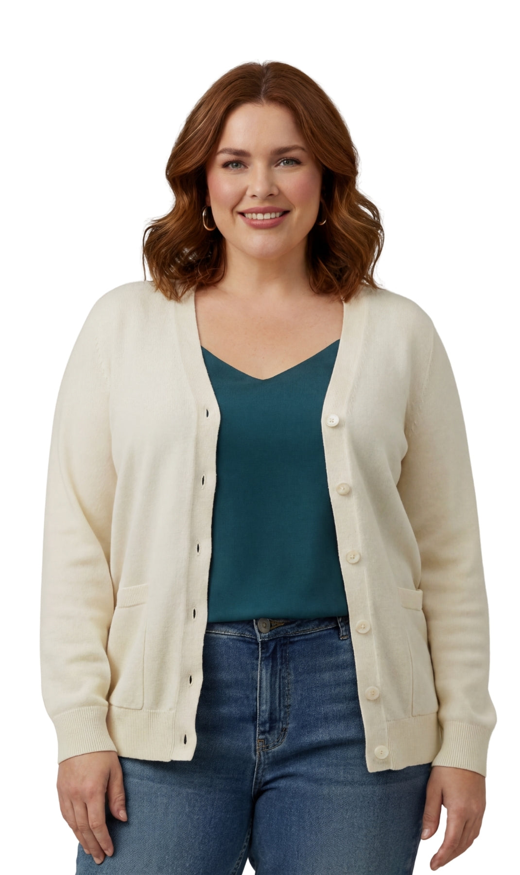 Women's Cotton Blend Button Front Crewneck Cardigan with Pockets