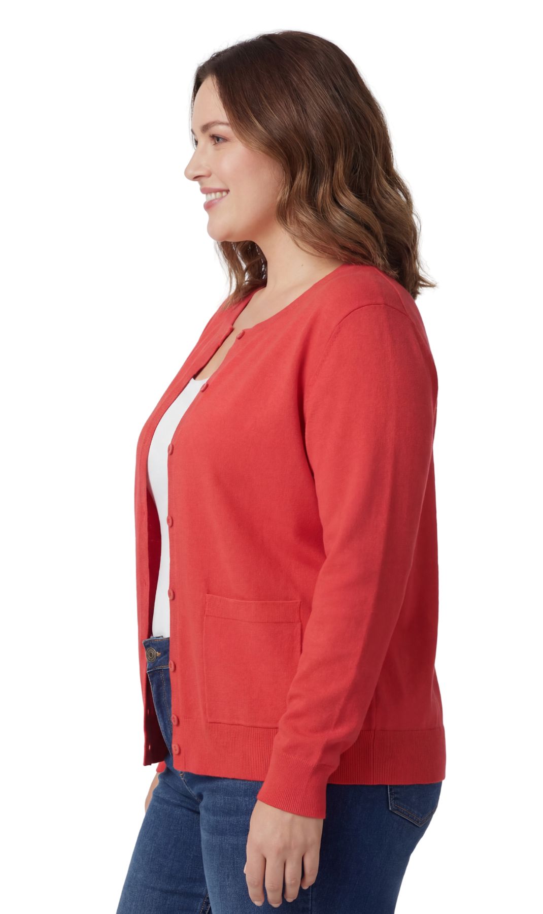 Women's Cotton Blend Button Front Crewneck Cardigan with Pockets