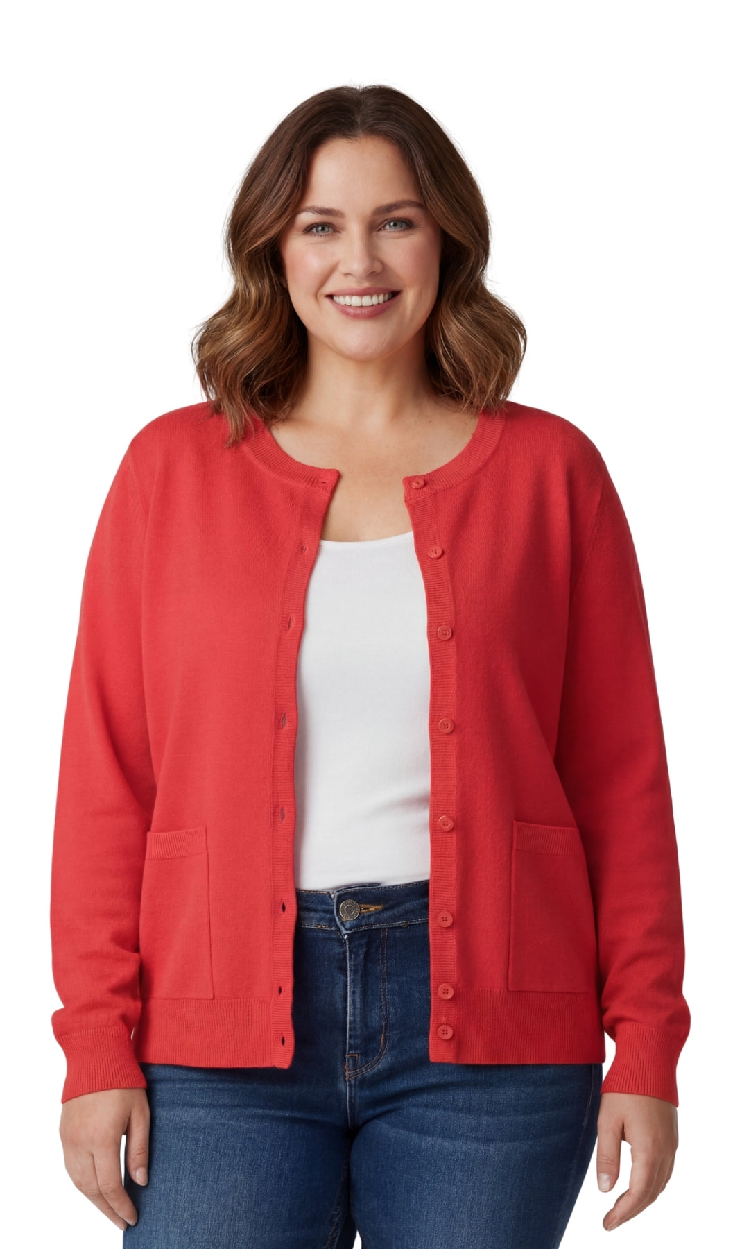 Women's Cotton Blend Button Front Crewneck Cardigan with Pockets