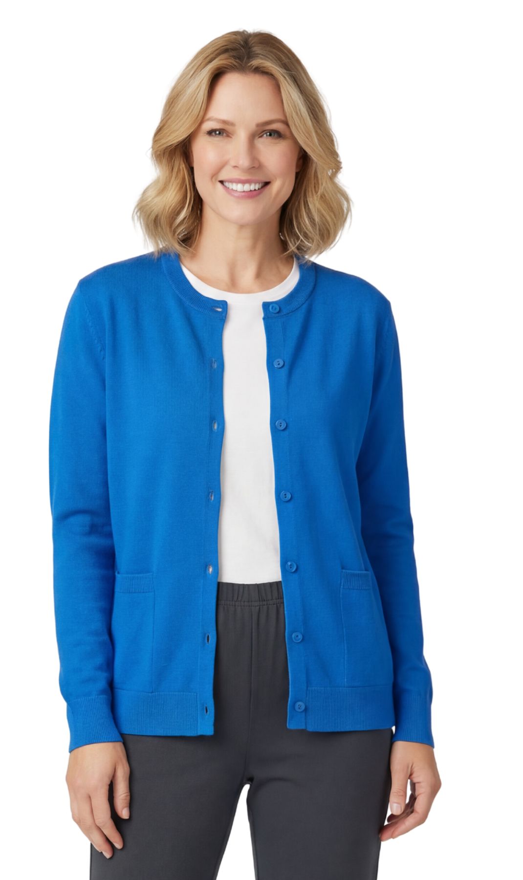 Women's Cotton Blend Button Front Crewneck Cardigan with Pockets