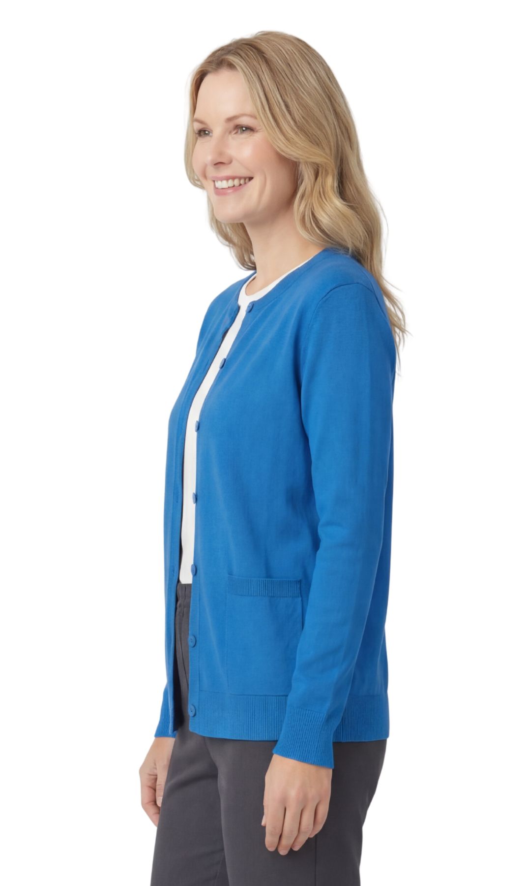 Women's Cotton Blend Button Front Crewneck Cardigan with Pockets