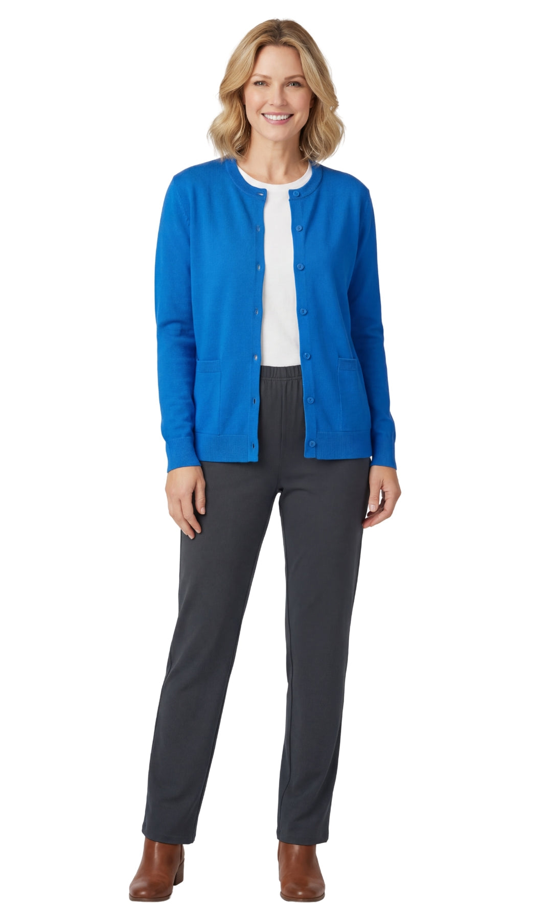 Women's Cotton Blend Button Front Crewneck Cardigan with Pockets