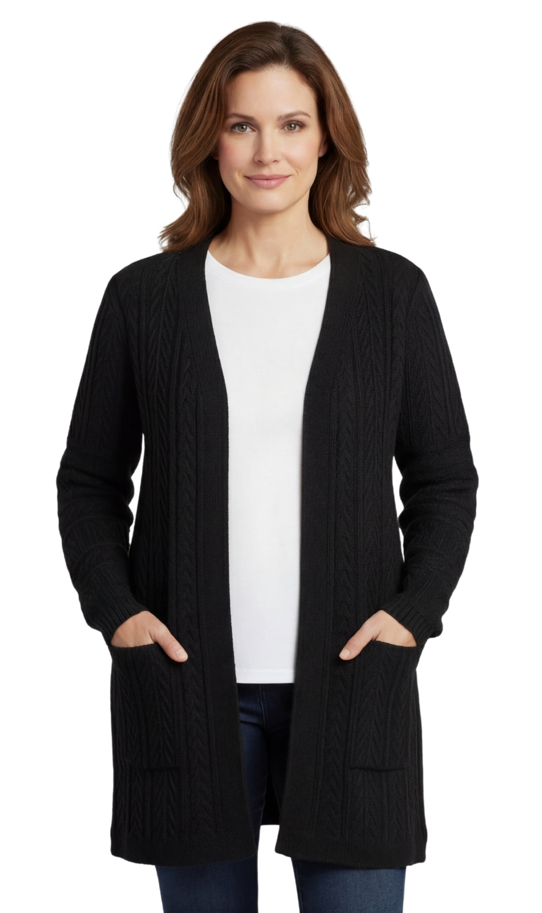 Close up of a classic longline cable knit duster cardigan with pockets in camel