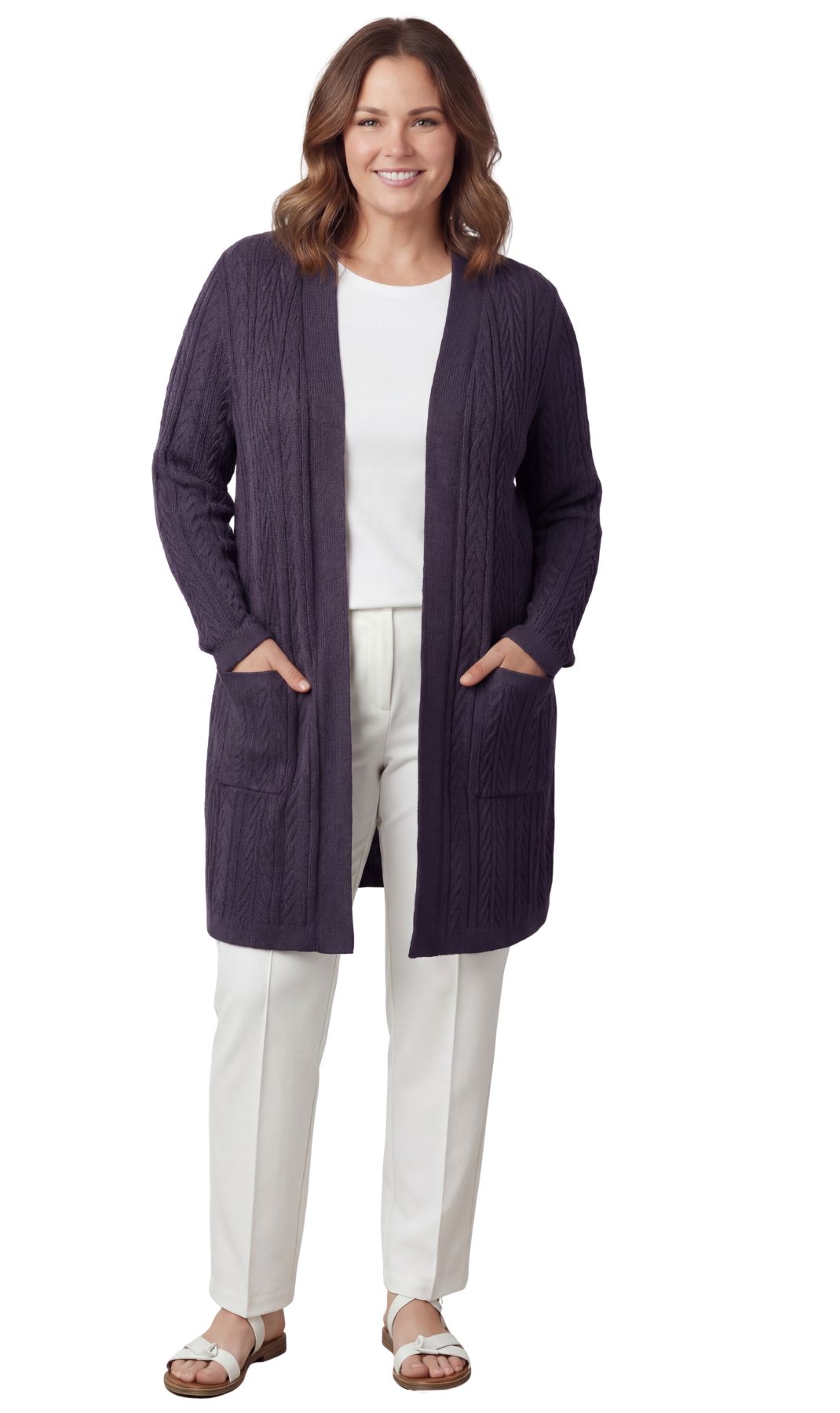 Women's Cable Knit Duster Cardigan Open Front Longline Sweater