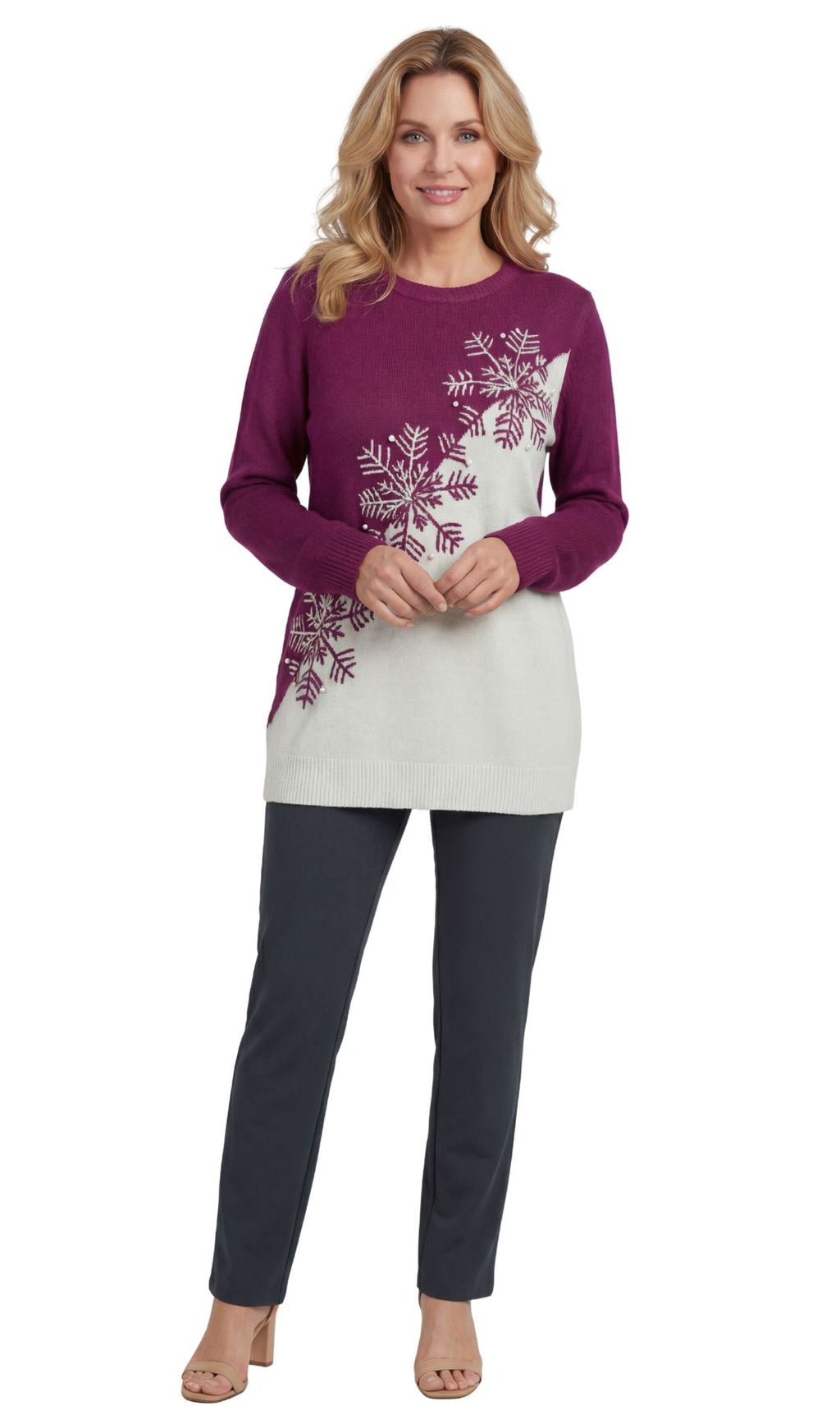 Women's Snowflake Color Block Crewneck Holiday Sweater