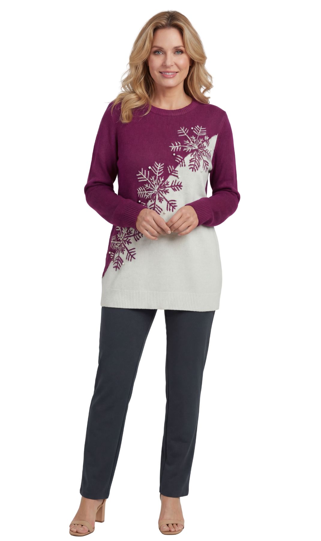 Women's Snowflake Color Block Crewneck Holiday Sweater