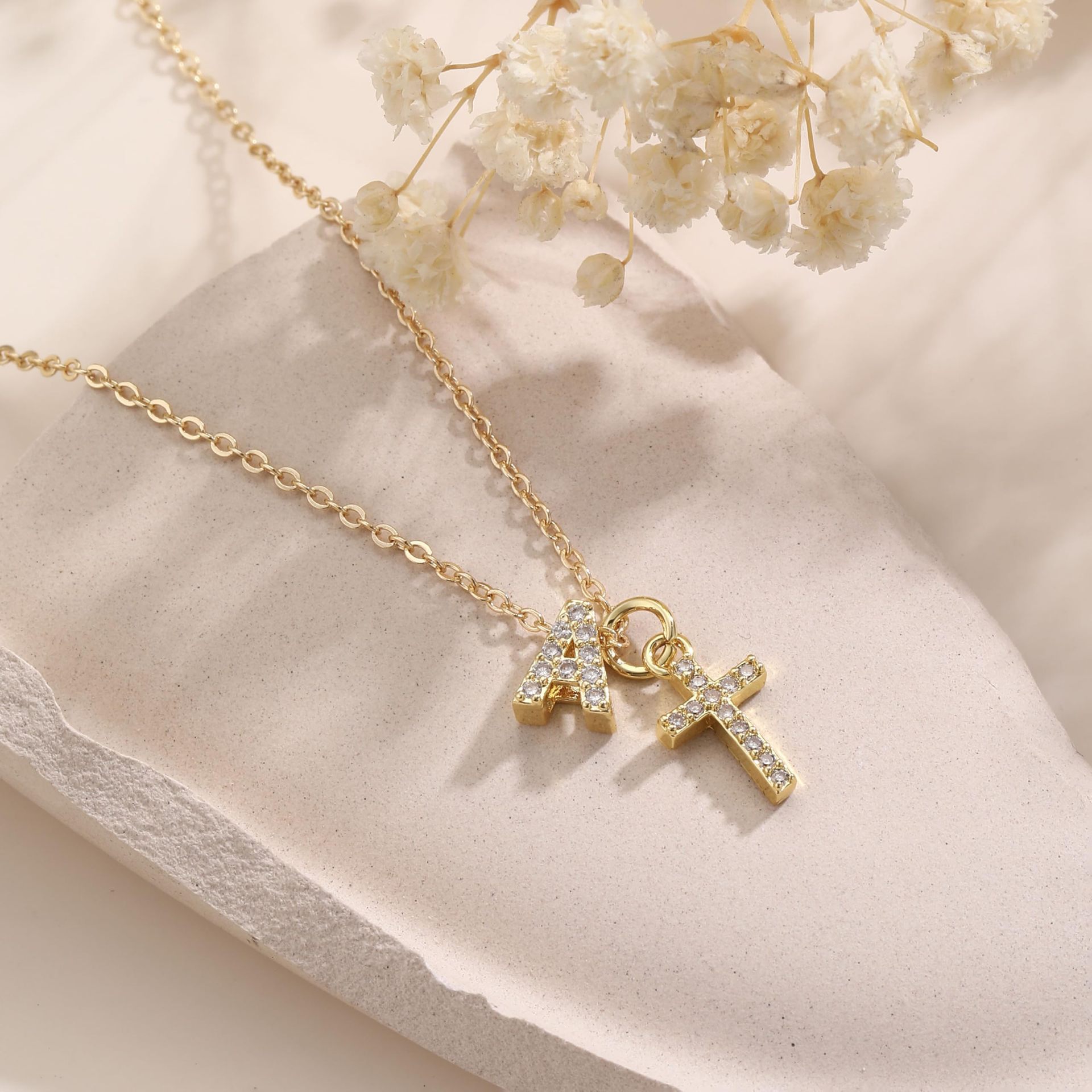 Custom Initial Bubble Letter Cross Pendant Gold Tone Necklace