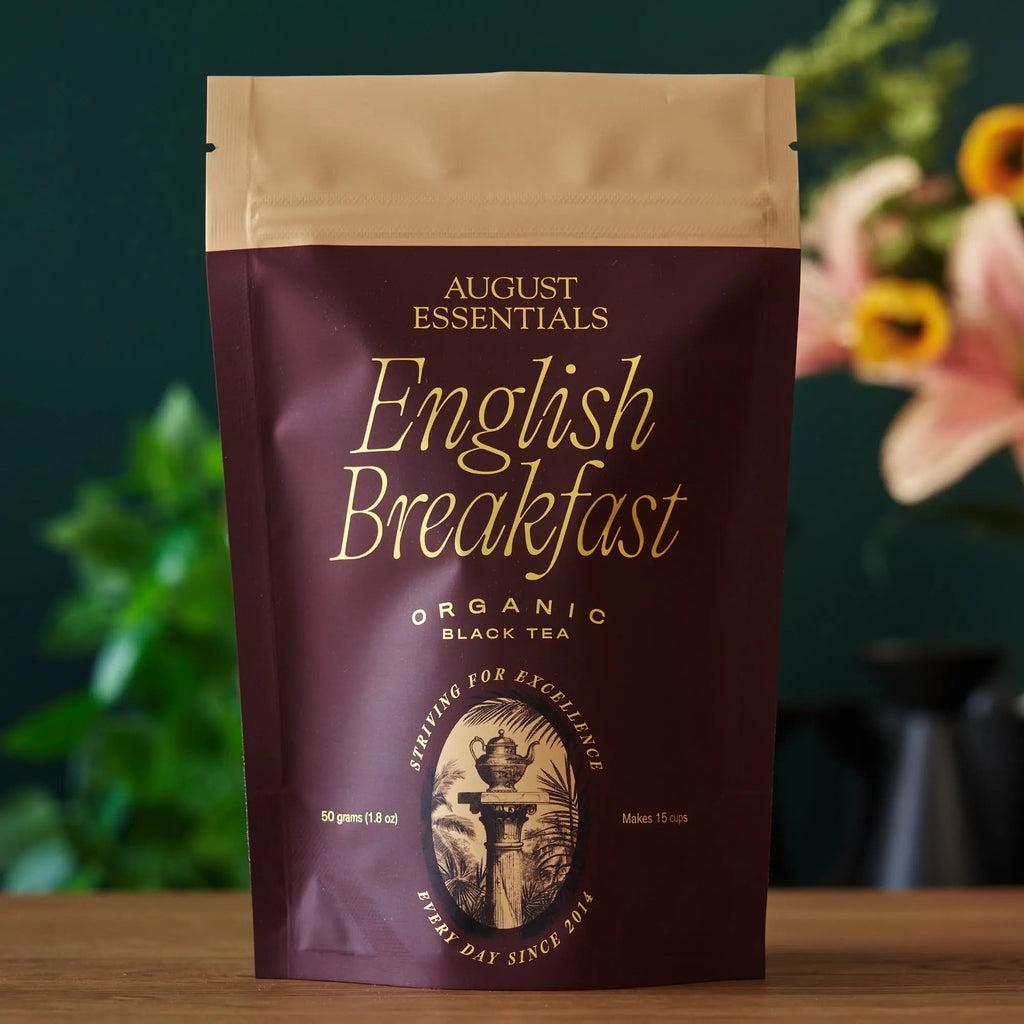 A dark brown pouch of August Uncommon Tea Essentials English Breakfast loose leaf tea, 50 grams.