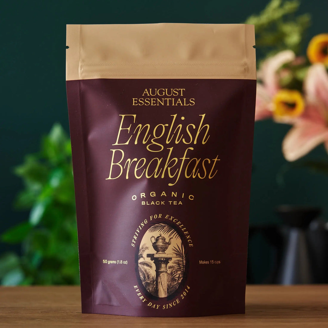 A dark brown pouch of August Uncommon Tea Essentials English Breakfast loose leaf tea, 50 grams.